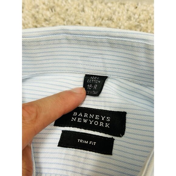 Barneys New York‎ Men's 16-R Trim Fit Striped Blue Long Sleeve Button Down Shirt - Picture 4 of 5